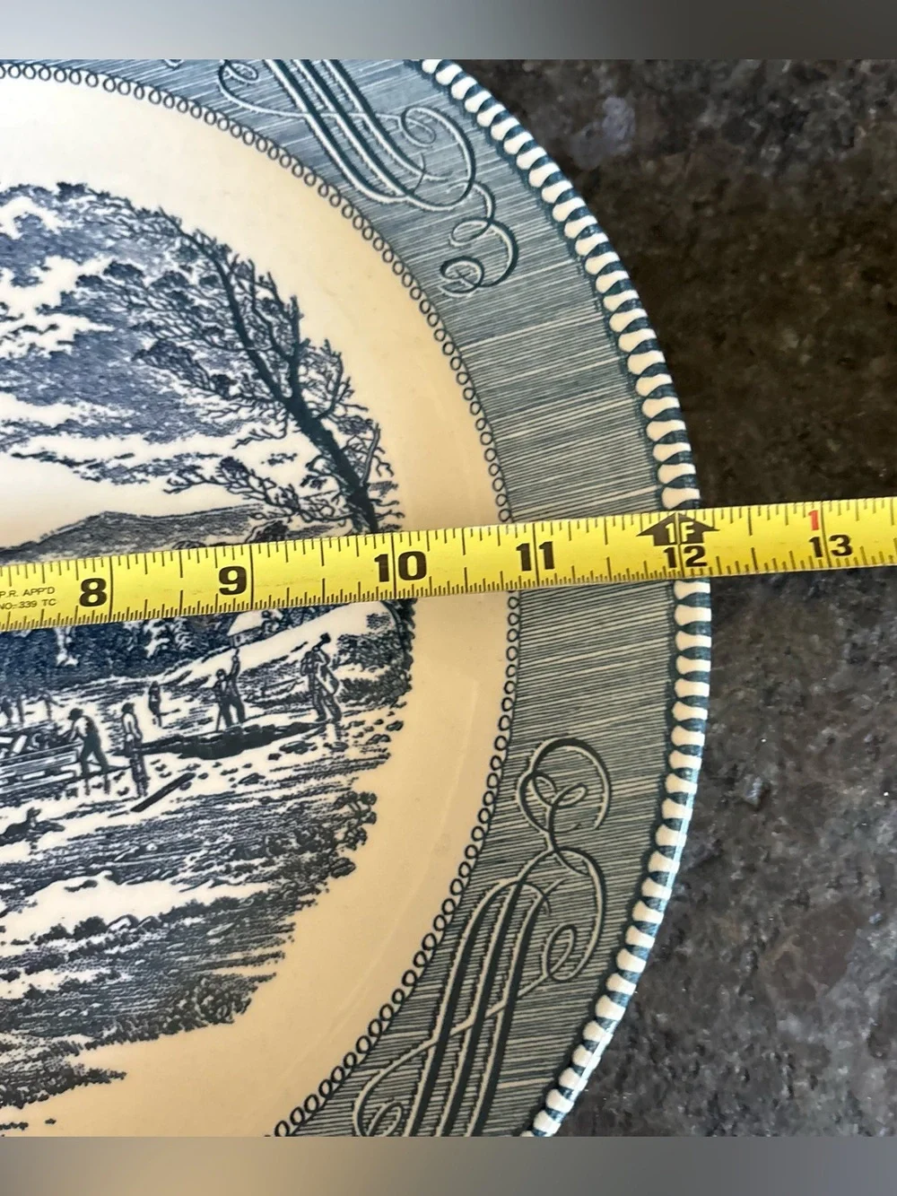 CURRIER & IVES Royal China USA 12” CHOP PLATE Blue Transferware Round Platter